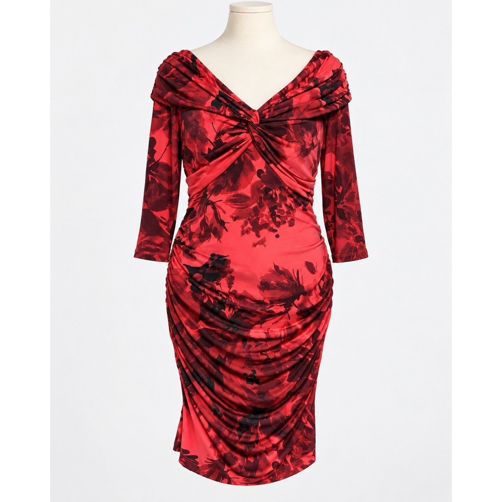 Muse Dress Womens 16 Red Floral Off Shoulder Ruched Bodycon Knee Length Party